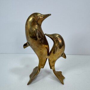 Vintage Brass Mother and Baby Dolphin Figurine 6.5" tall